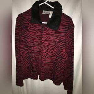 Kathie Lee Collection Red-burgundy acrylic 100% black faux fur cardigan size XL